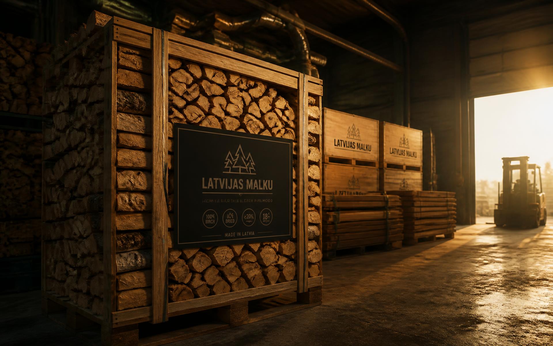 Kiln-dried birch firewood packed in wooden crates inside a Latvian production facility at sunrise
