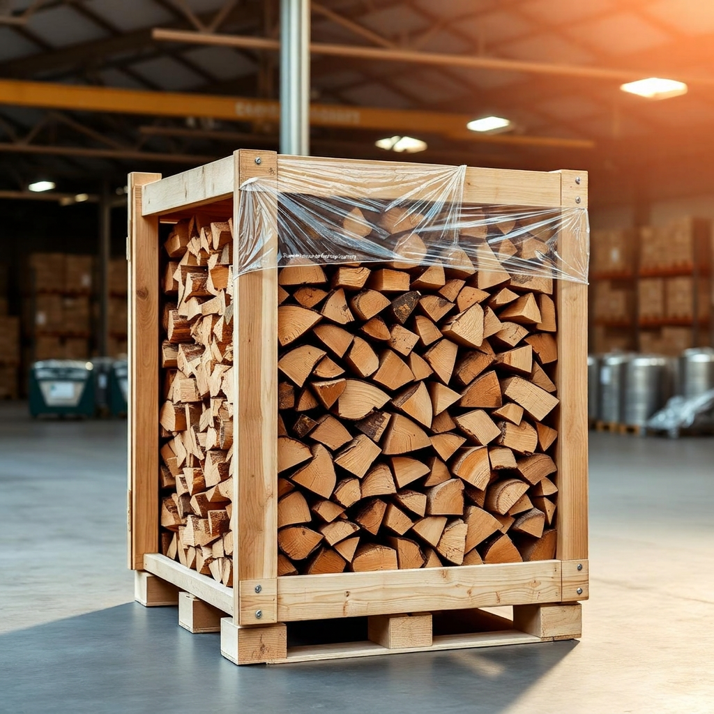 Wooden crate filled with stacked kiln-dried firewood