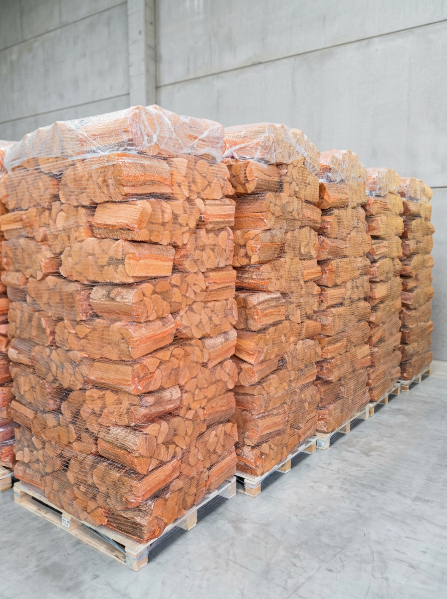 Kiln-dried birch firewood packed in a retail net bag