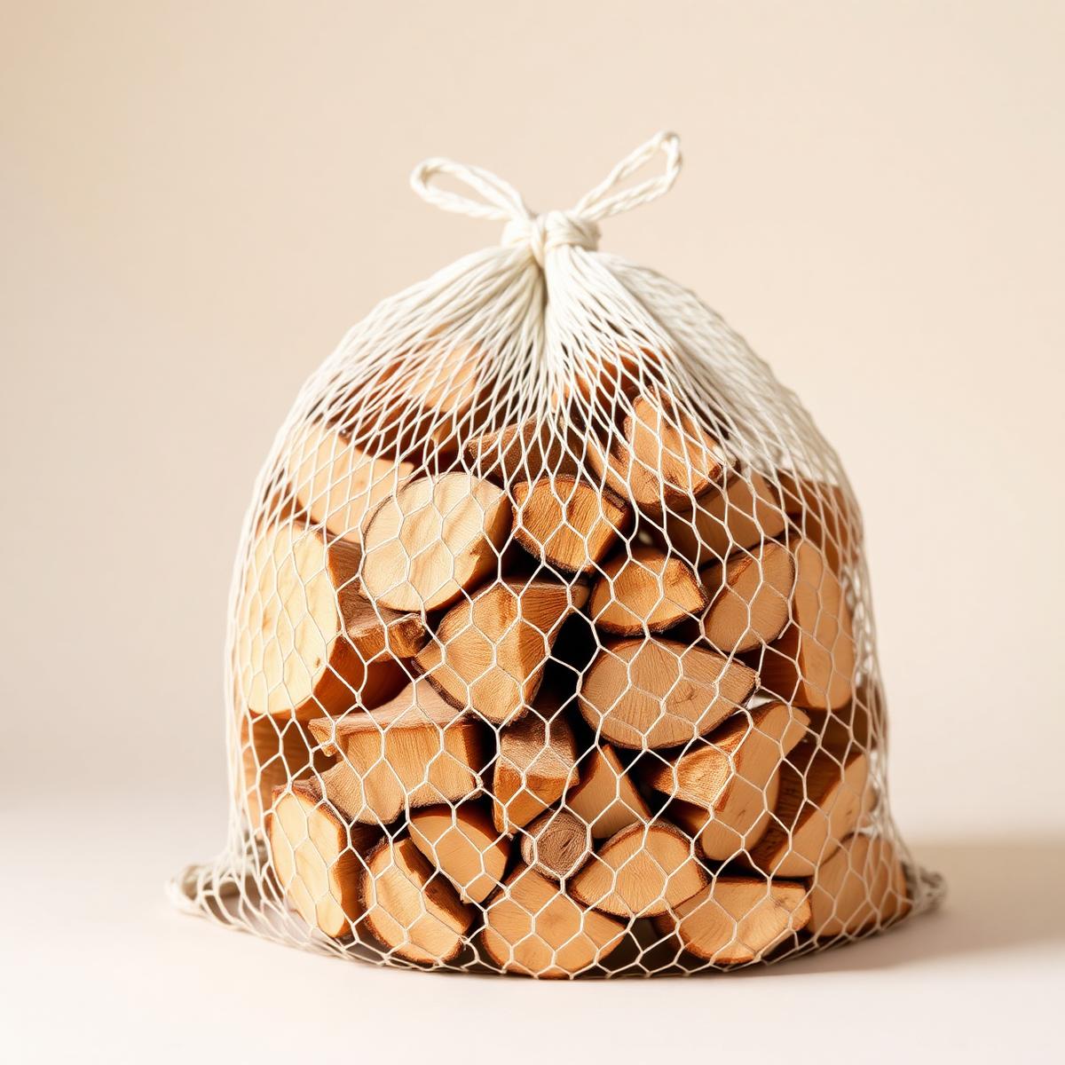 Kiln-dried birch firewood packed in a retail net bag